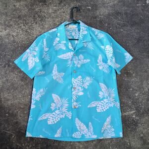 Vintage LIVE Hawaiian Shirt Mens M Blue Floral Hibiscus 80s Honolulu Aloha